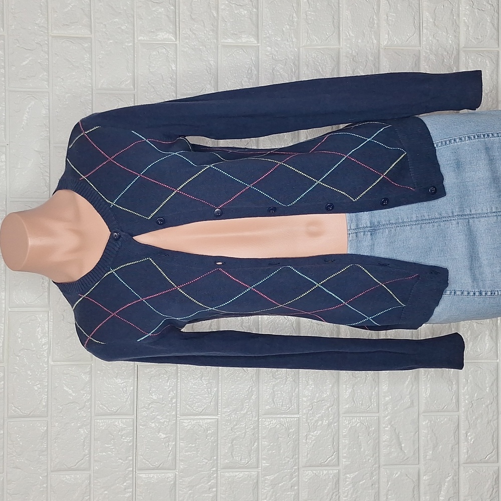 CHEROKEE Navy Cotton Long Sleeve Button Up Cardigan with Diamond Pattern